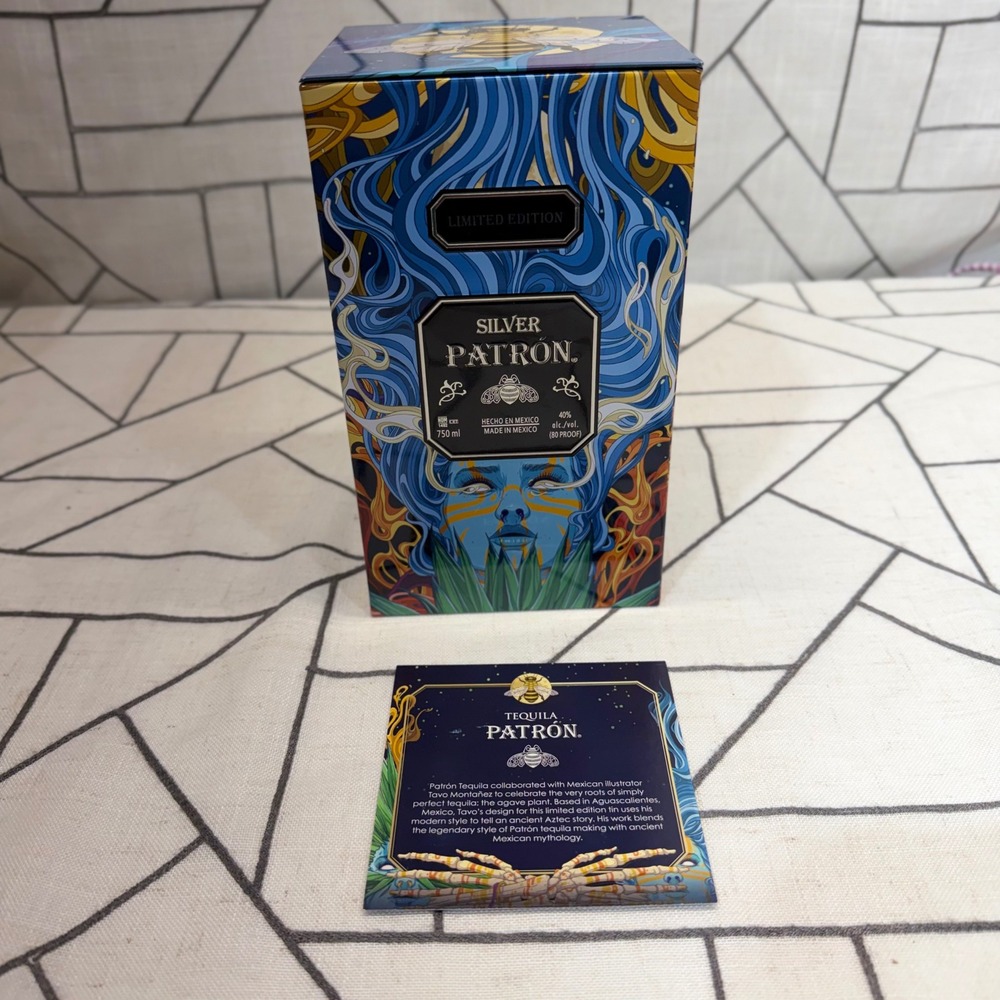 Patron Silver Tequila Limited Edition Tin Tavo Montañez Blue Aztec Art 750ml